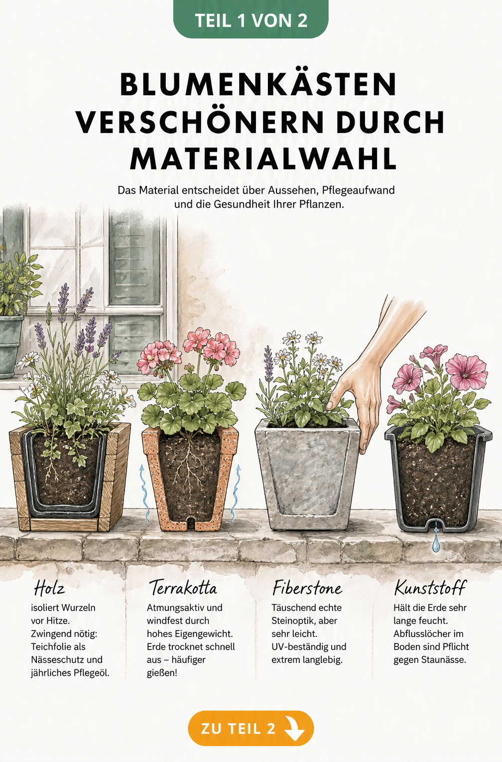 Querschnitt von vier Blumenkästen aus Holz, Terrakotta, Fiberstone und Kunststoff mit Erklärungen zu Materialeigenschaften