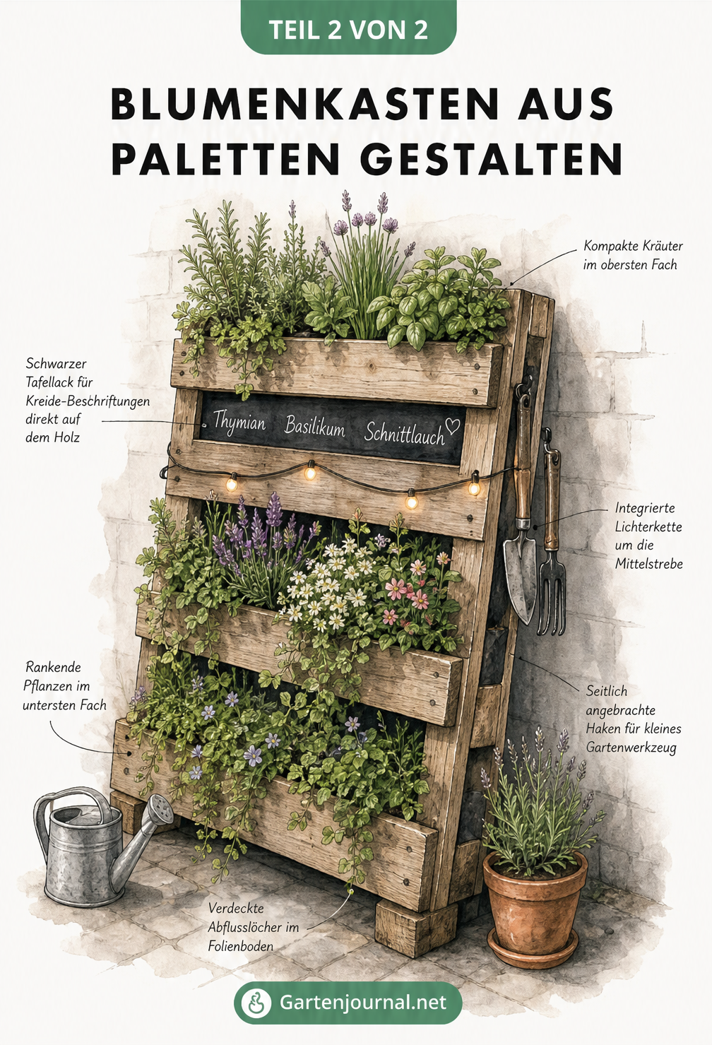 Illustration eines bepflanzten Blumenkastens aus Paletten mit Kräutern, Lichterkette und Kreidebeschriftung
