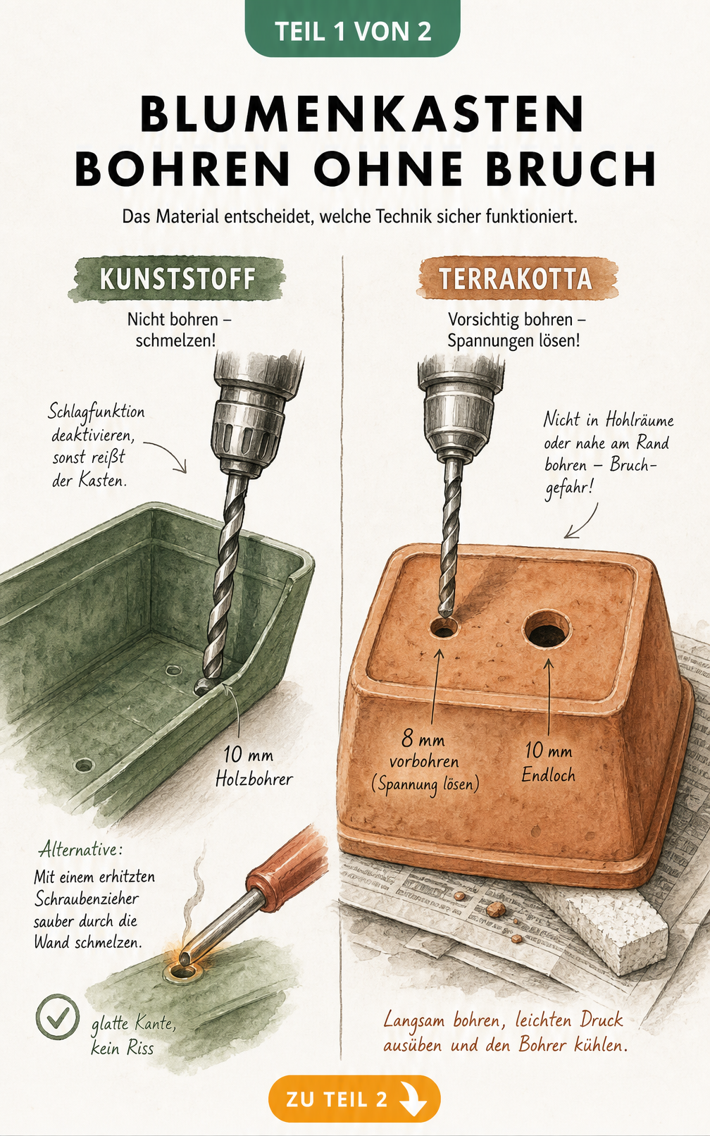 Vergleich beim Bohren von Blumenkästen: Kunststoff mit erhitztem Schraubenzieher und Terracotta mit Steinbohrer auf weicher Unterlage.