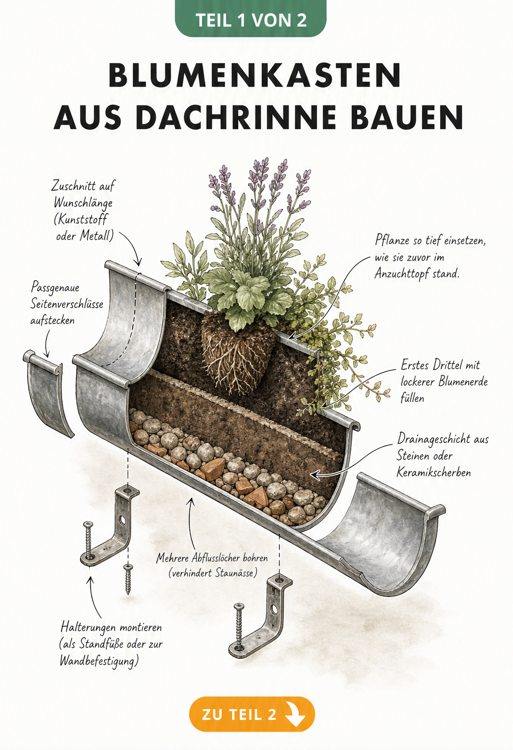 Explosionszeichnung eines Blumenkastens aus einer Zink-Dachrinne mit Schichtmodell der Bepflanzung