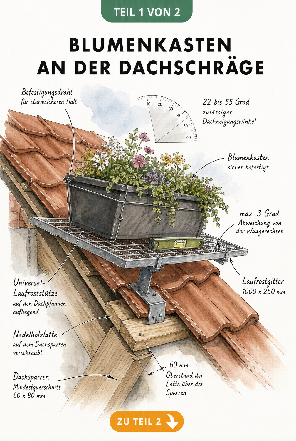 Isometrische Schnittdarstellung eines schrägen Hausdachs mit einem bepflanzten Blumenkasten auf einem Dachtritt