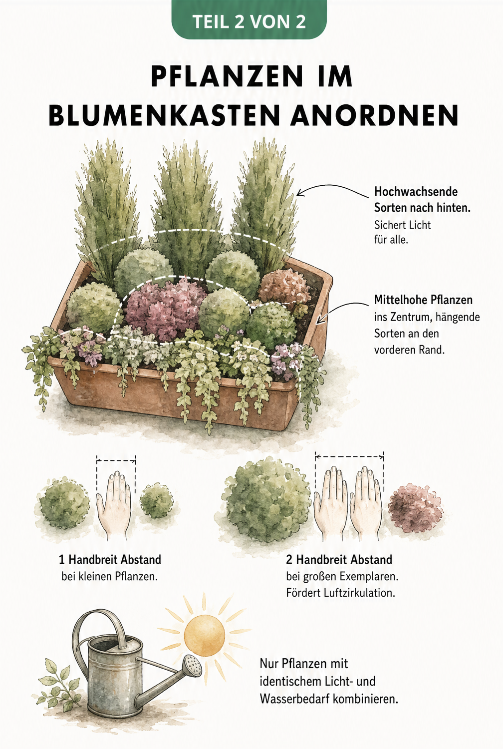 Isometrische Ansicht eines Blumenkastens mit Anordnung von hohen, mittelhohen und hängenden Pflanzen