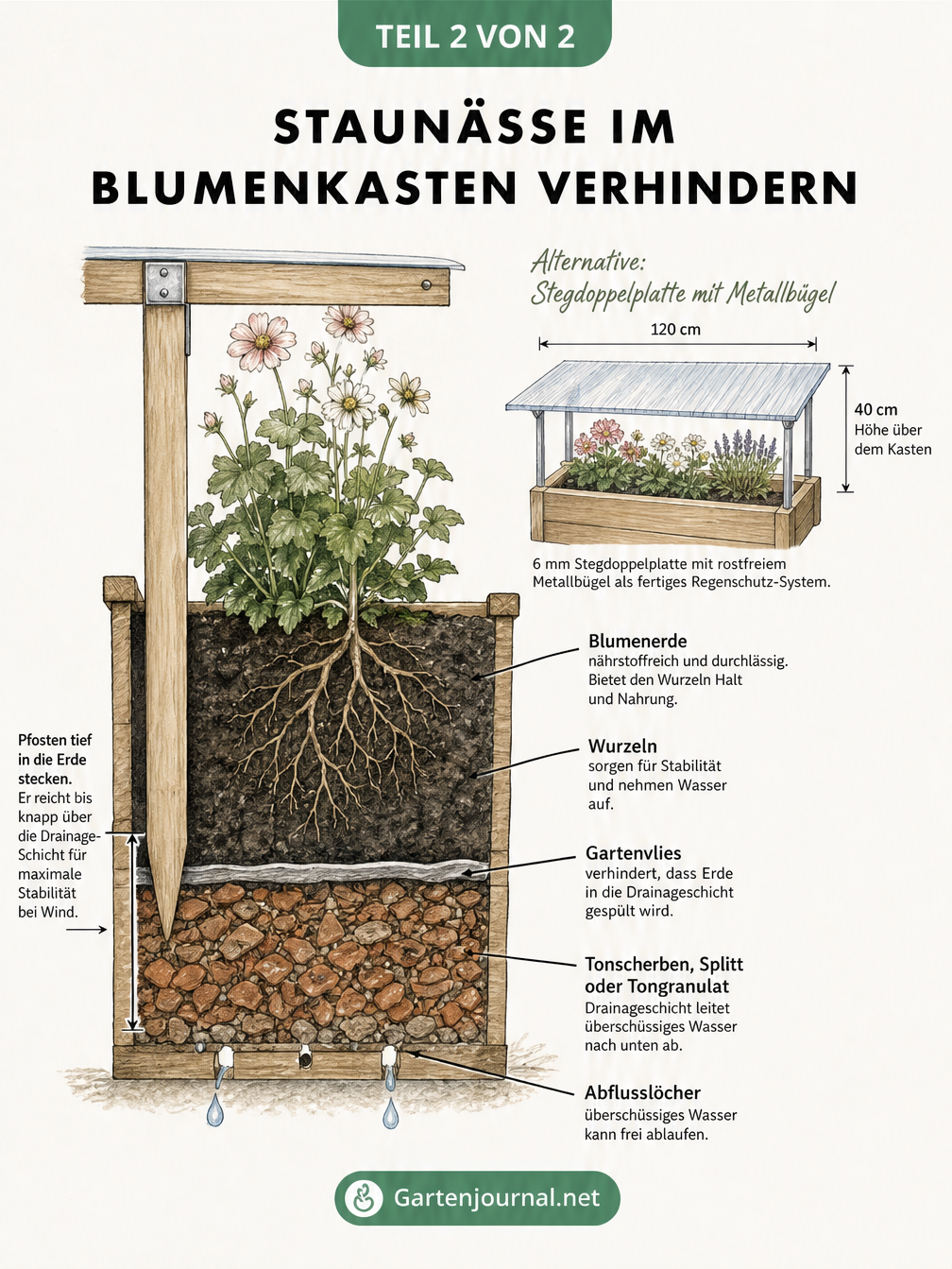Querschnitt eines bepflanzten Blumenkastens mit Drainageschicht, Gartenvlies, Blumenerde und einem tief verankerten Holzpfosten.
