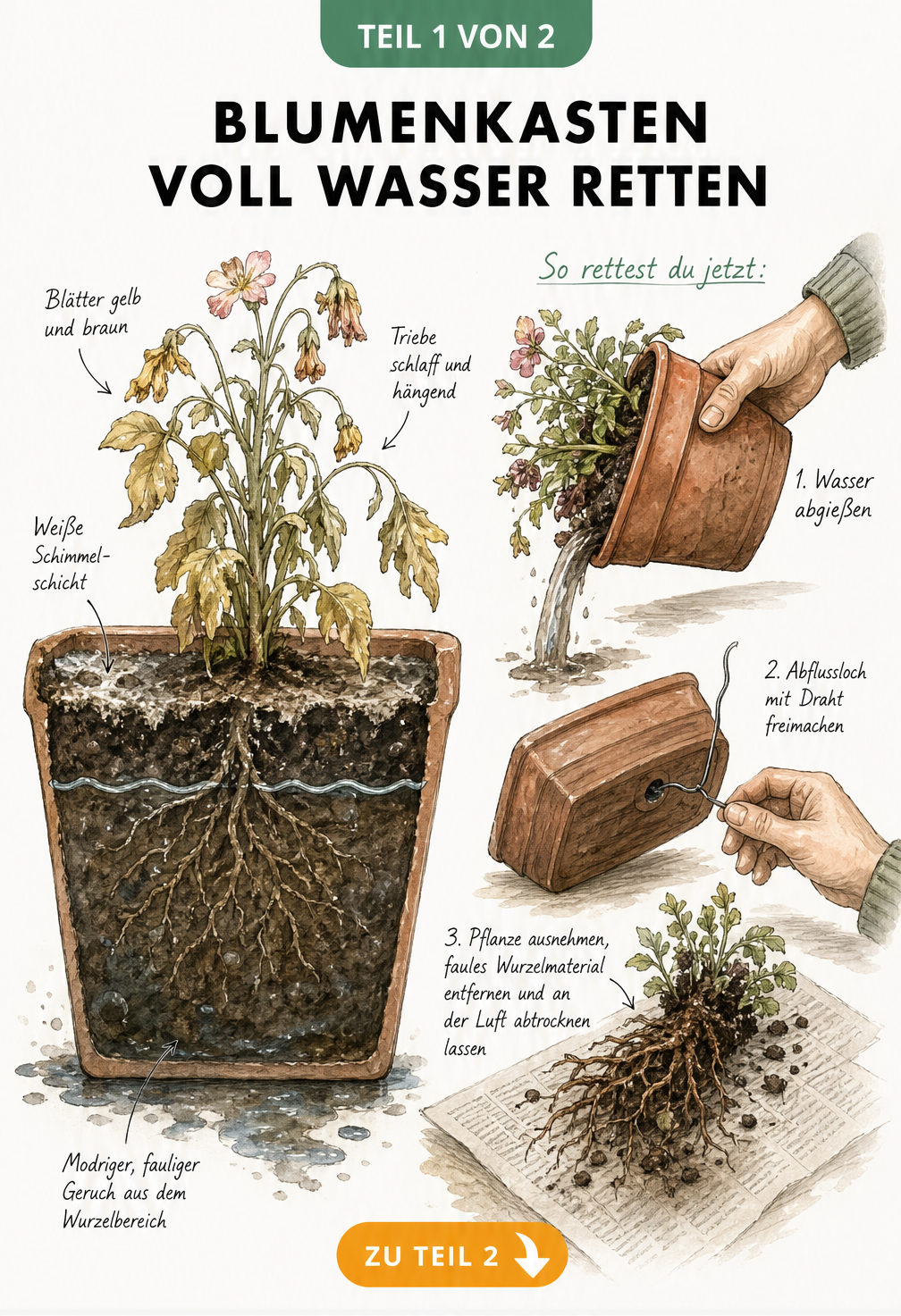 Illustration eines nassen Blumenkastens mit faulenden Wurzeln und Maßnahmen zur Rettung der Pflanze
