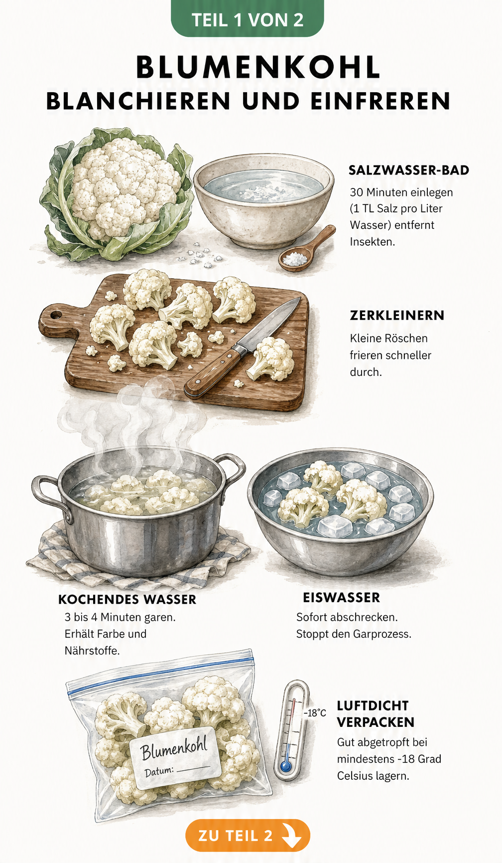 Illustration der Schritte zum Blanchieren und Einfrieren von Blumenkohl: Salzwasser-Bad, Zerkleinern, Kochen, Abschrecken und luftdichtes Verpacken.