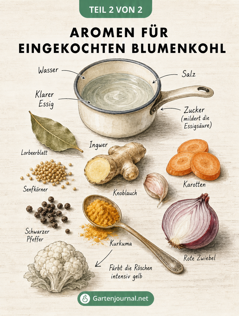 Botanische Illustration von Gewürzen wie Lorbeer, Senfkörner, Ingwer und Kurkuma um einen Topf mit Sud.