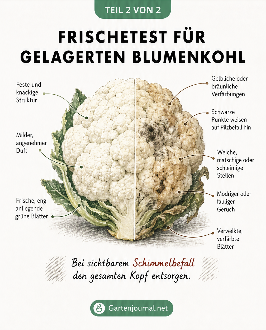 Illustration eines Blumenkohls, die frische und verdorbene Stellen gegenüberstellt
