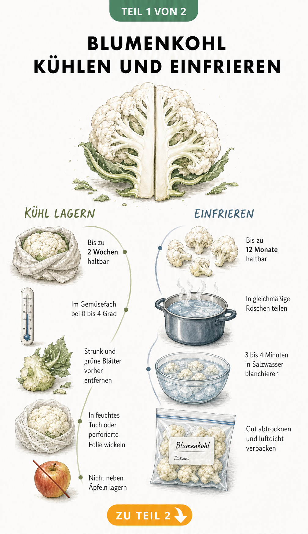 Illustration eines halbierten Blumenkohls mit Anleitungen zur Lagerung im Kühlschrank und zum Einfrieren