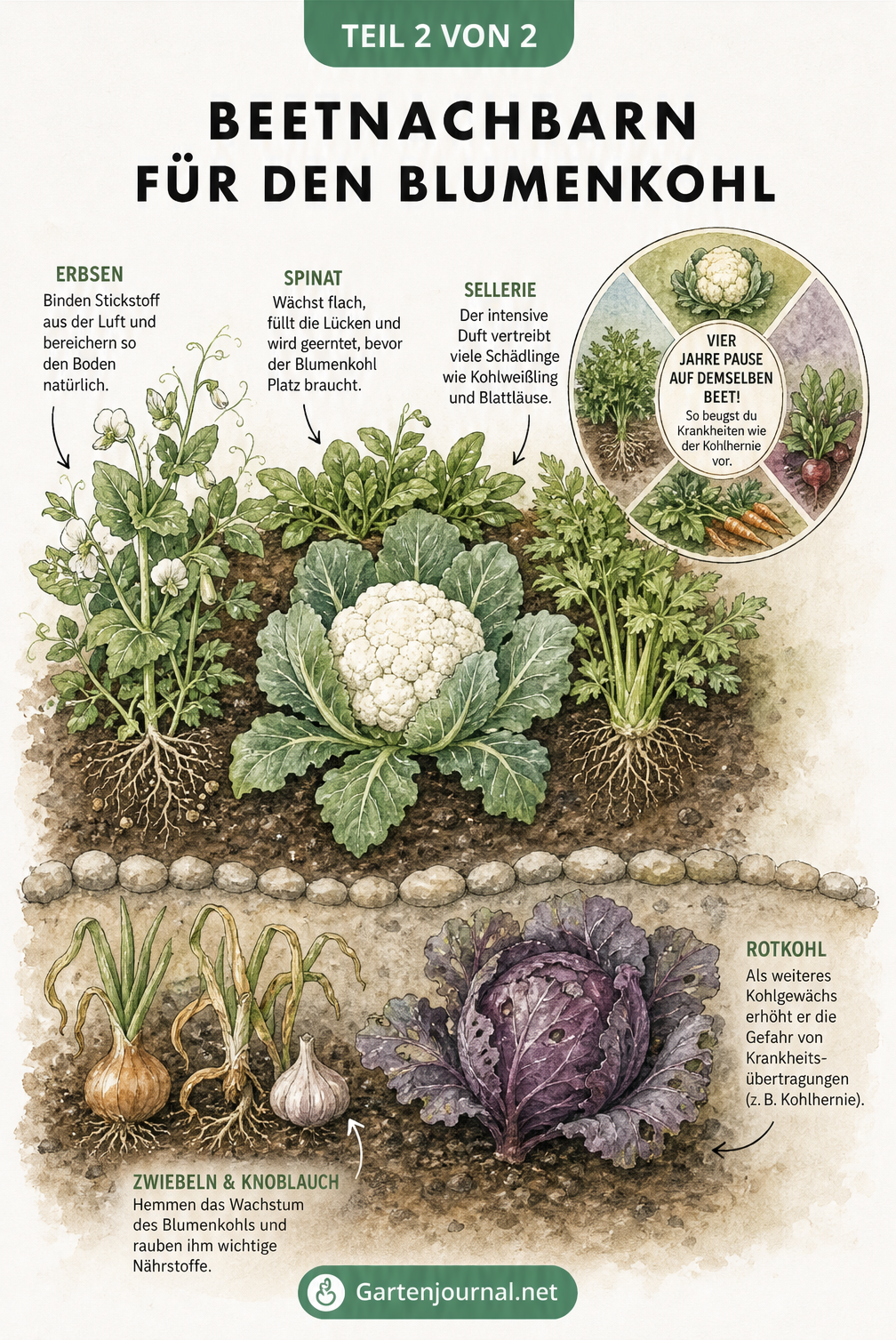 Illustration eines Gartenbeets mit guten und schlechten Nachbarn für Blumenkohl sowie einer Jahresuhr zur Fruchtfolge