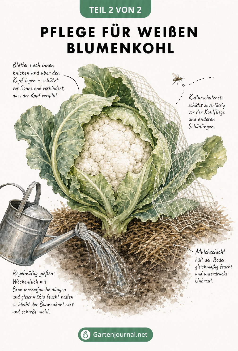Aquarell-Illustration eines weißen Blumenkohls mit geknickten Hüllblättern, Kulturschutznetz und Mulchschicht