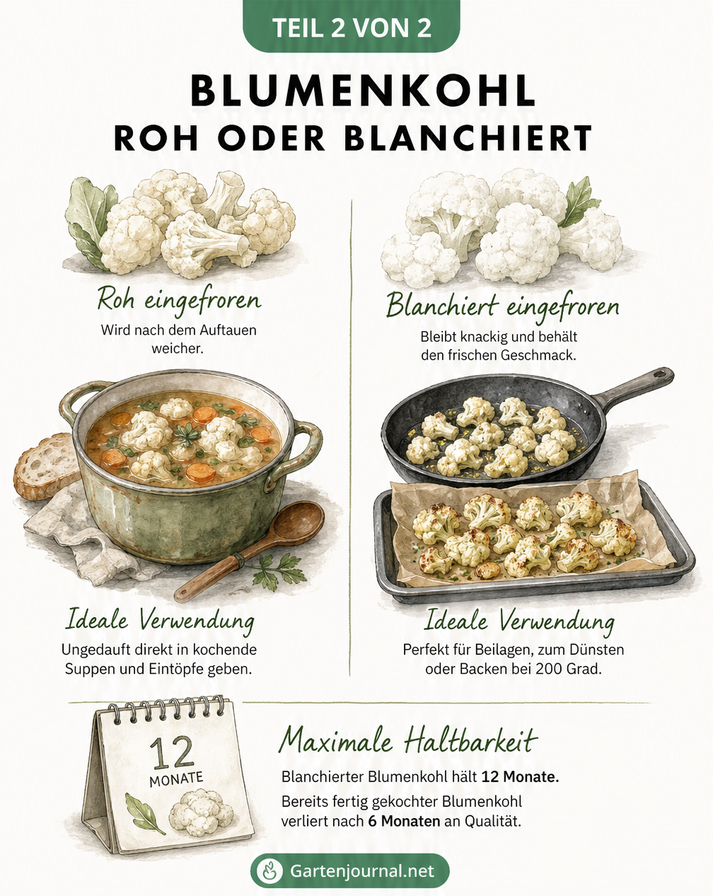 Gegenüberstellung von roh und blanchiert eingefrorenem Blumenkohl mit Hinweisen zur idealen Verwendung und Haltbarkeit.
