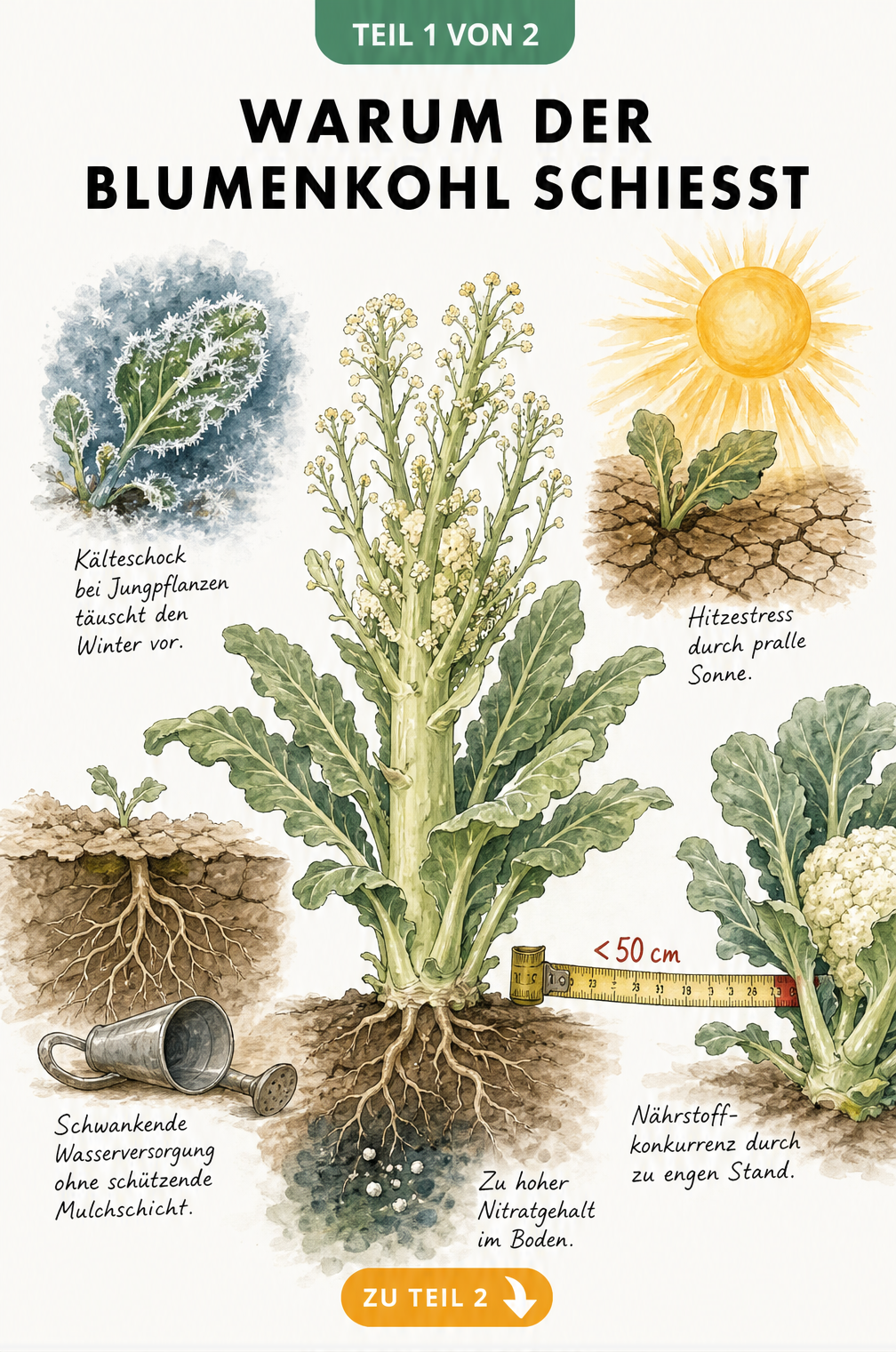 Illustration einer Blumenkohlpflanze, die schießt, umgeben von Stressfaktoren wie Kälte, Hitze, Trockenheit, Nährstoffkonkurrenz und Überdüngung.