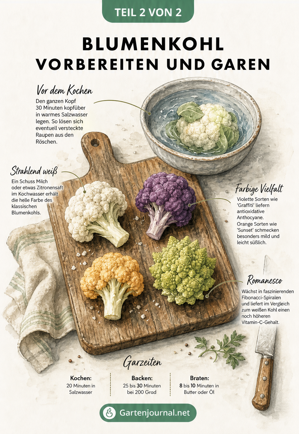 Illustration von verschiedenfarbigen Blumenkohlröschen auf einem Schneidebrett mit Tipps zu Garzeiten und Vorbereitung