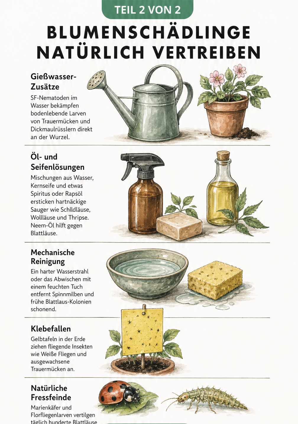 Übersicht natürlicher Hausmittel und Methoden zur Bekämpfung von Blumenschädlingen wie Gießwasser-Zusätze, Öl-Lösungen und Nützlinge