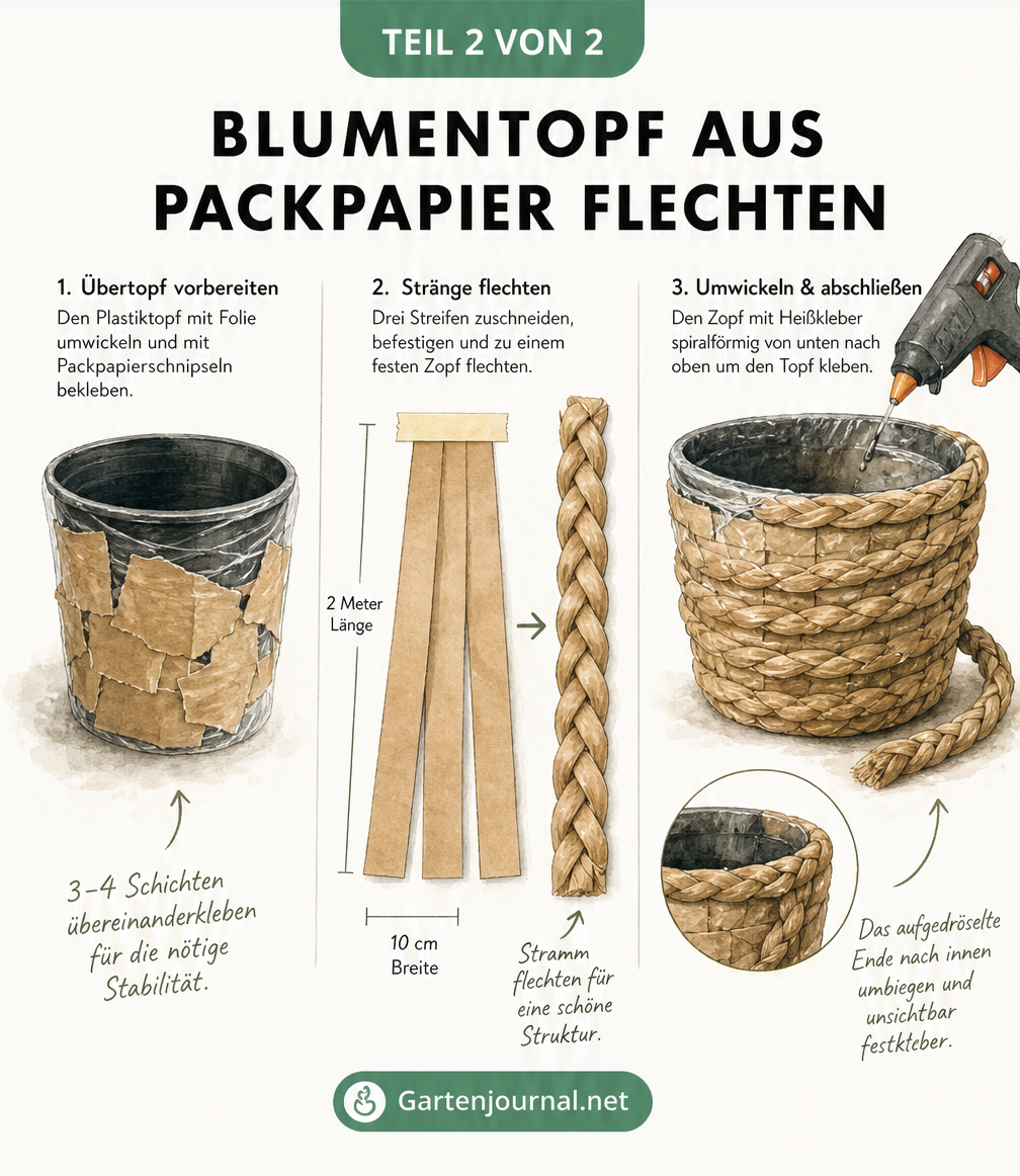 Illustration zeigt das Flechten eines Blumentopfs aus Packpapier mit Plastiktopf, Folie und Heißklebepistole
