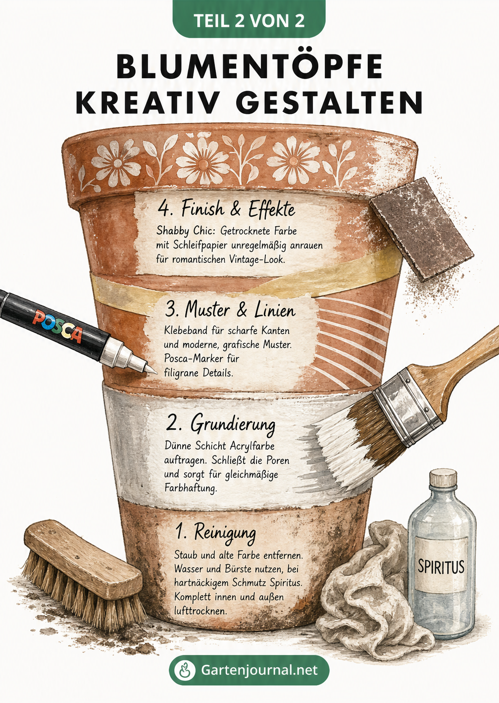 Skizze eines großen Terrakotta-Topfes, der in vier Gestaltungsphasen unterteilt ist: Reinigung, Grundierung, Muster und Finish