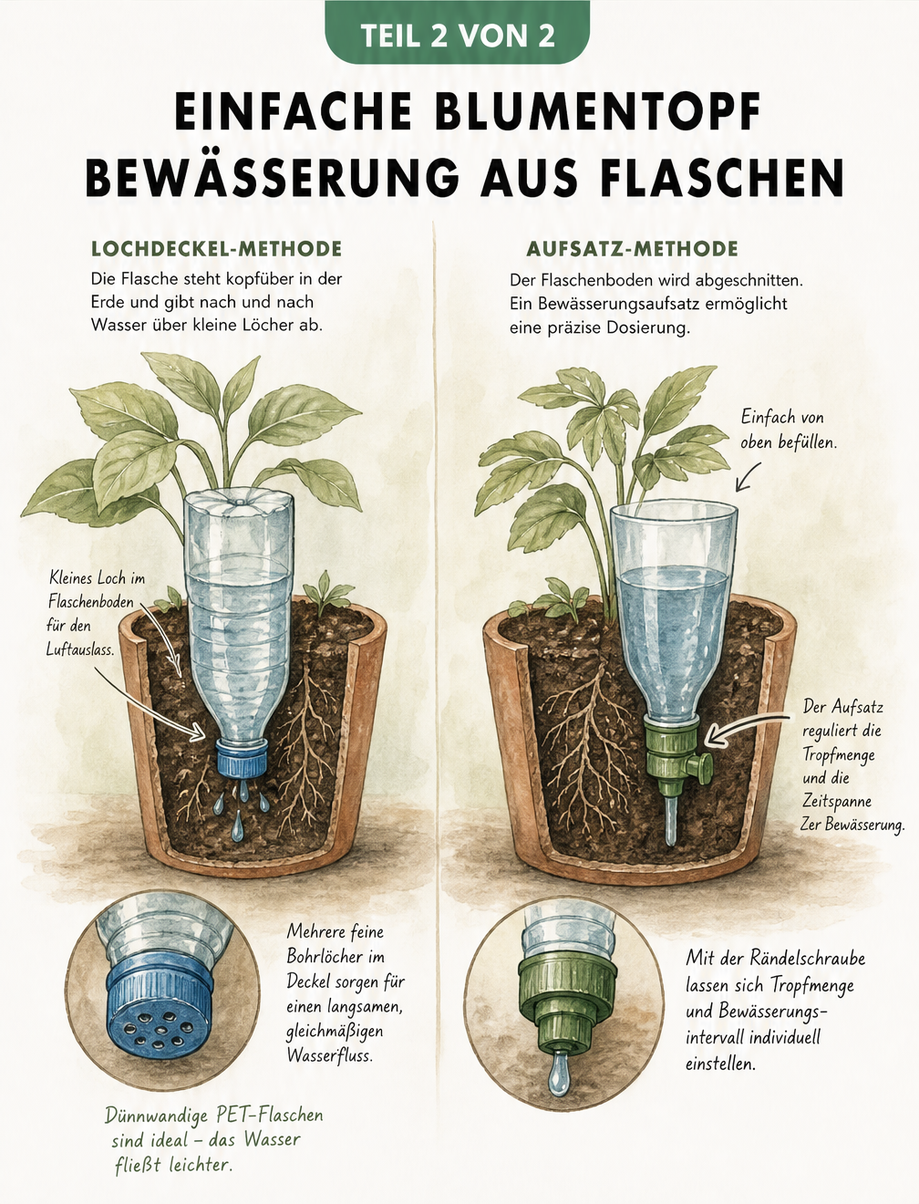 Zwei Varianten der Blumentopf-Bewässerung mit PET-Flaschen im Querschnitt: Lochdeckel-Methode und Aufsatz-Methode