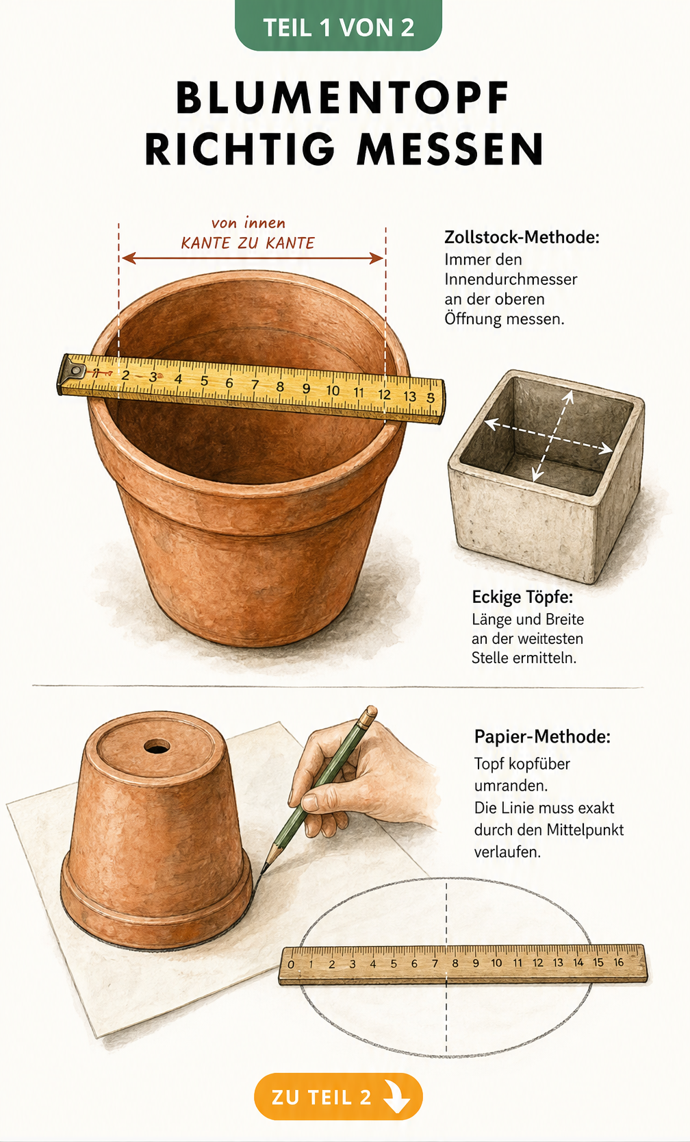Illustration eines Terrakotta-Topfes mit Zollstock und eines umgedrehten Topfes auf Papier zur Messung des Durchmessers