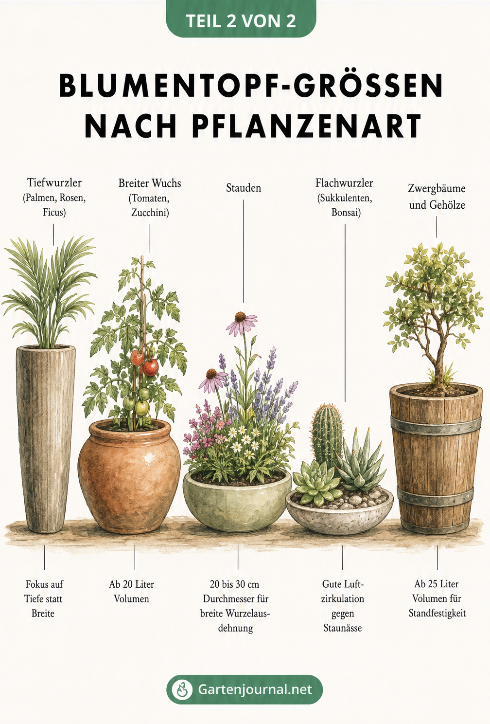 Fünf verschiedene Topfformen mit passenden Pflanzenarten wie Palmen, Tomaten und Sukkulenten
