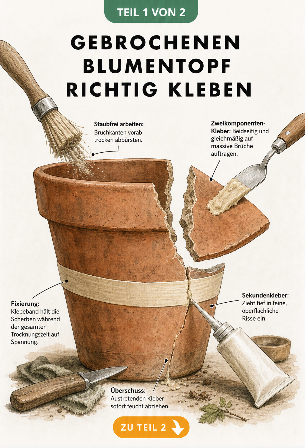 Illustration eines zerbrochenen Blumentopfs aus Terrakotta mit Werkzeugen und Arbeitsschritten zum Kleben der Bruchstücke
