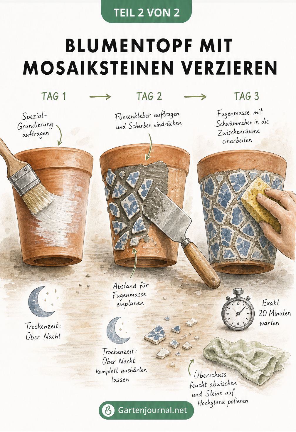 Illustration der drei Arbeitsschritte beim Verzieren eines Blumentopfs mit Mosaiksteinen über drei Tage.