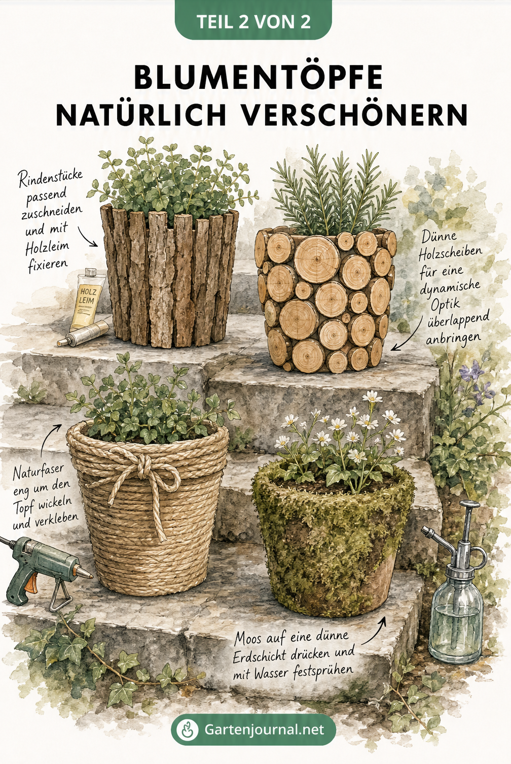 Vier Blumentöpfe auf einer Steintreppe, dekoriert mit Naturmaterialien: Rindenstücke, Holzscheiben, Naturbast und Moos.