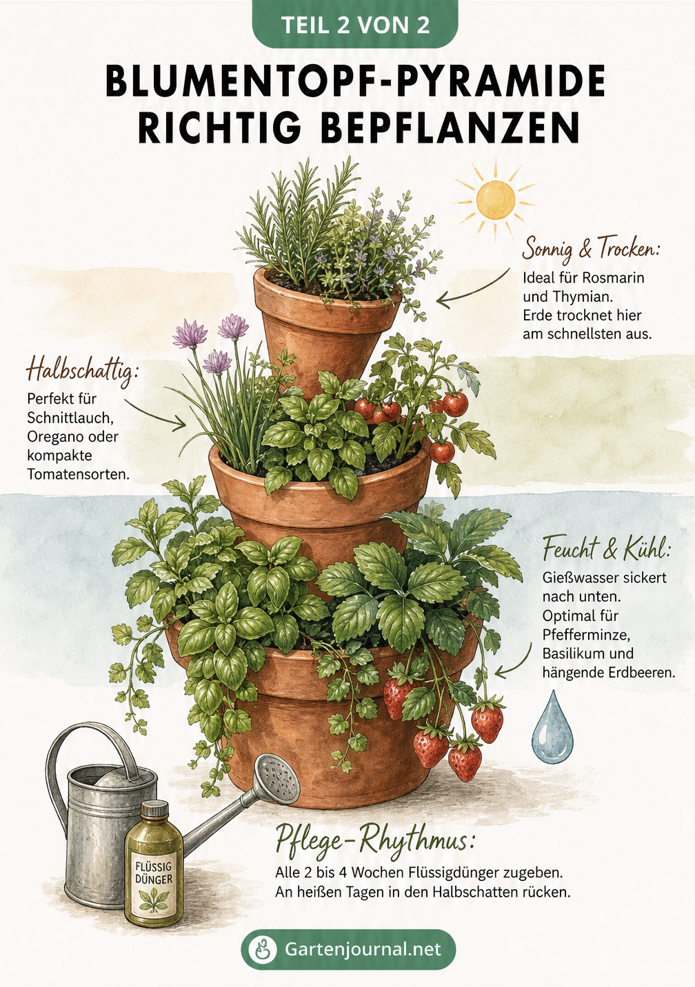 Aquarell-Illustration einer bepflanzten Blumentopf-Pyramide mit Kräutern in drei Klimazonen