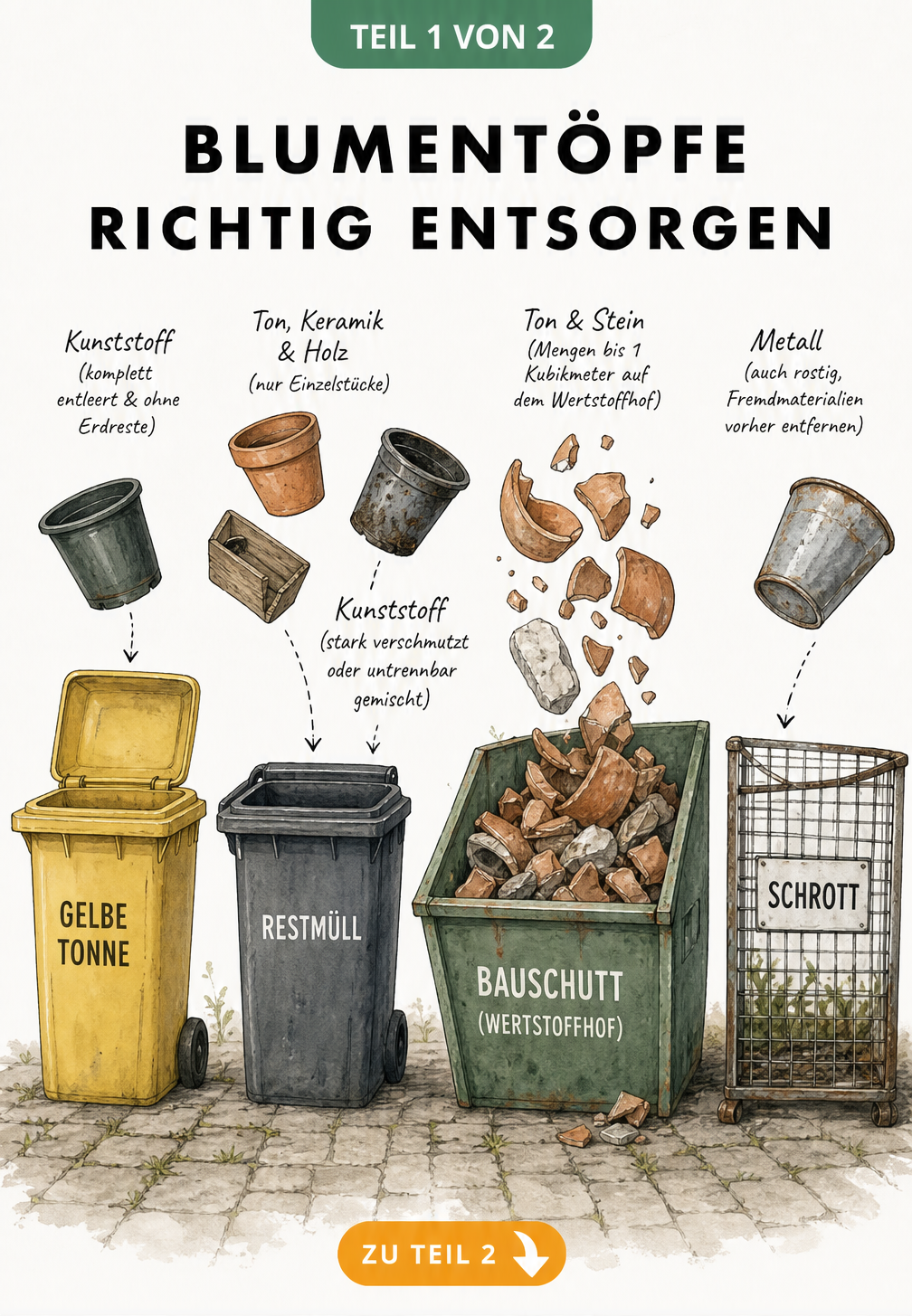 Illustration von vier Entsorgungsstationen für Blumentöpfe: Gelbe Tonne für Kunststoff, Restmüll für Ton und Keramik, Bauschutt-Container für Stein und...