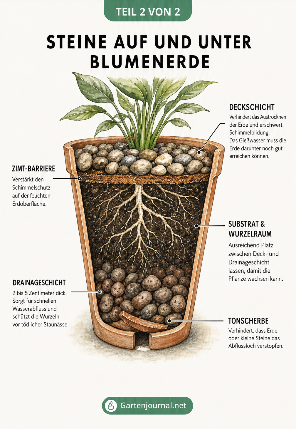 Querschnitt eines Blumentopfs mit Drainageschicht, Blumenerde und einer Deckschicht aus Steinen