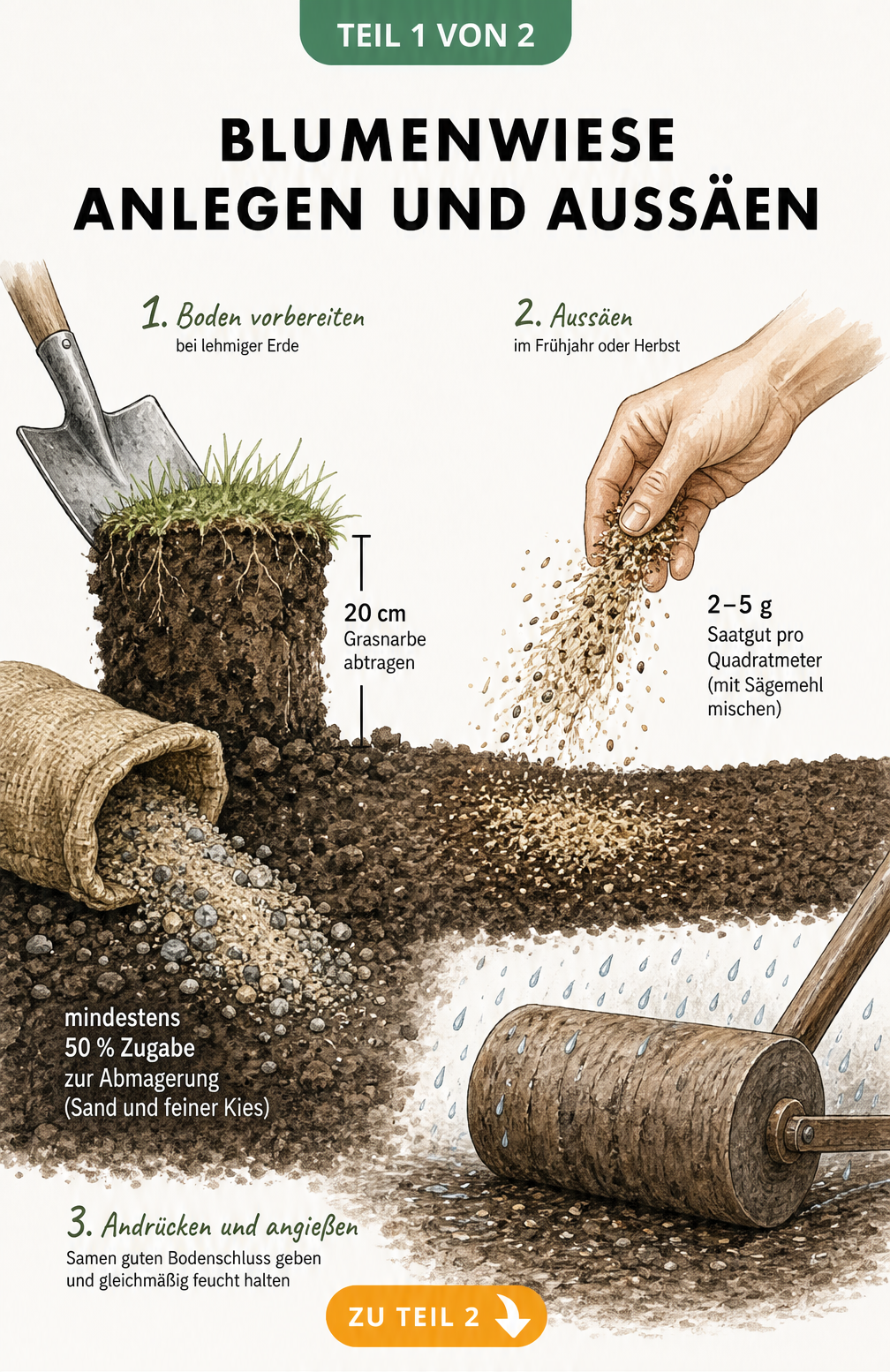 Handgezeichnete Illustration zur Bodenvorbereitung und Aussaat einer Blumenwiese mit Schaufel, Sand und Saatgut