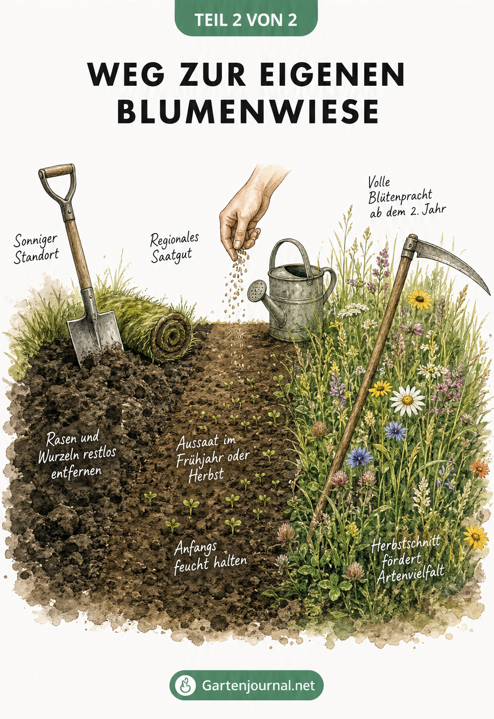 Aquarell-Illustration der Wiesenentstehung: Von der Bodenvorbereitung über die Aussaat bis zur blühenden Wiese