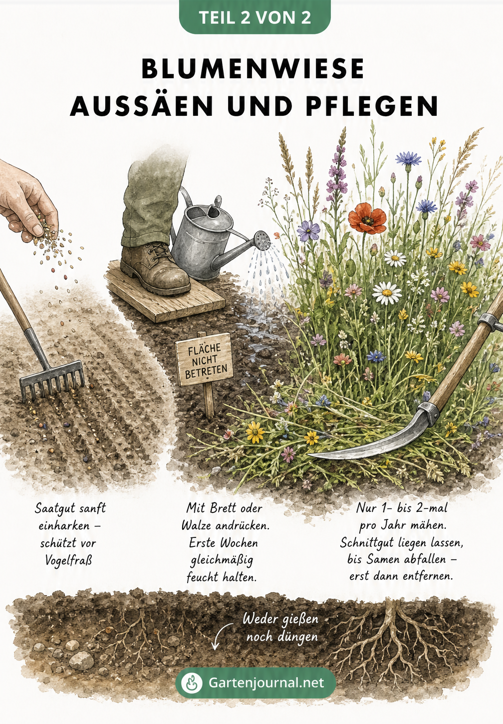 Illustration der Aussaat und Pflege einer Blumenwiese: Saatgut einharken, andrücken, feucht halten und späteres Mähen der blühenden Wiese.