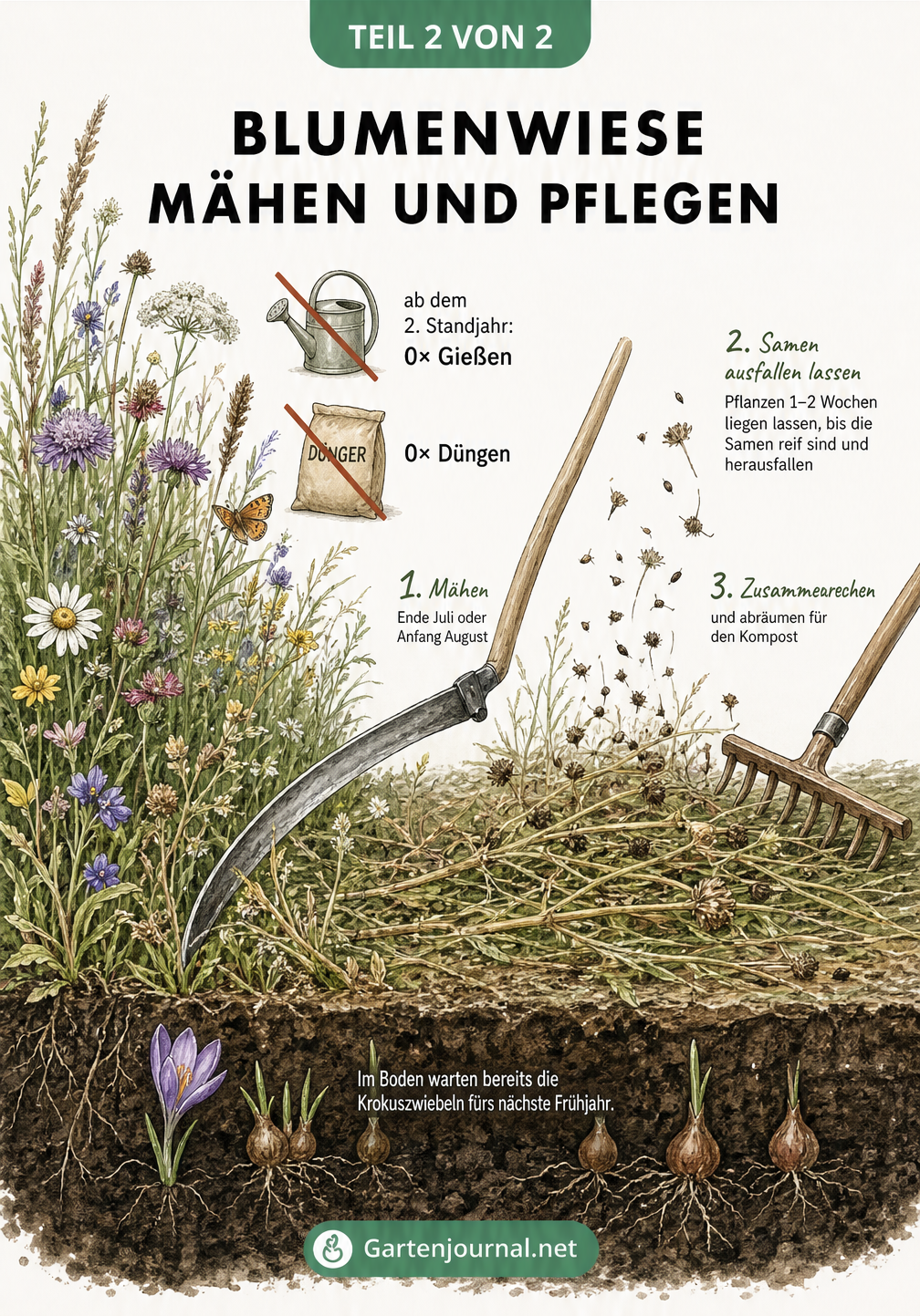 Botanische Illustration zur Pflege einer Blumenwiese mit Sense, Schnittgut und dem Hinweis auf Verzicht von Dünger