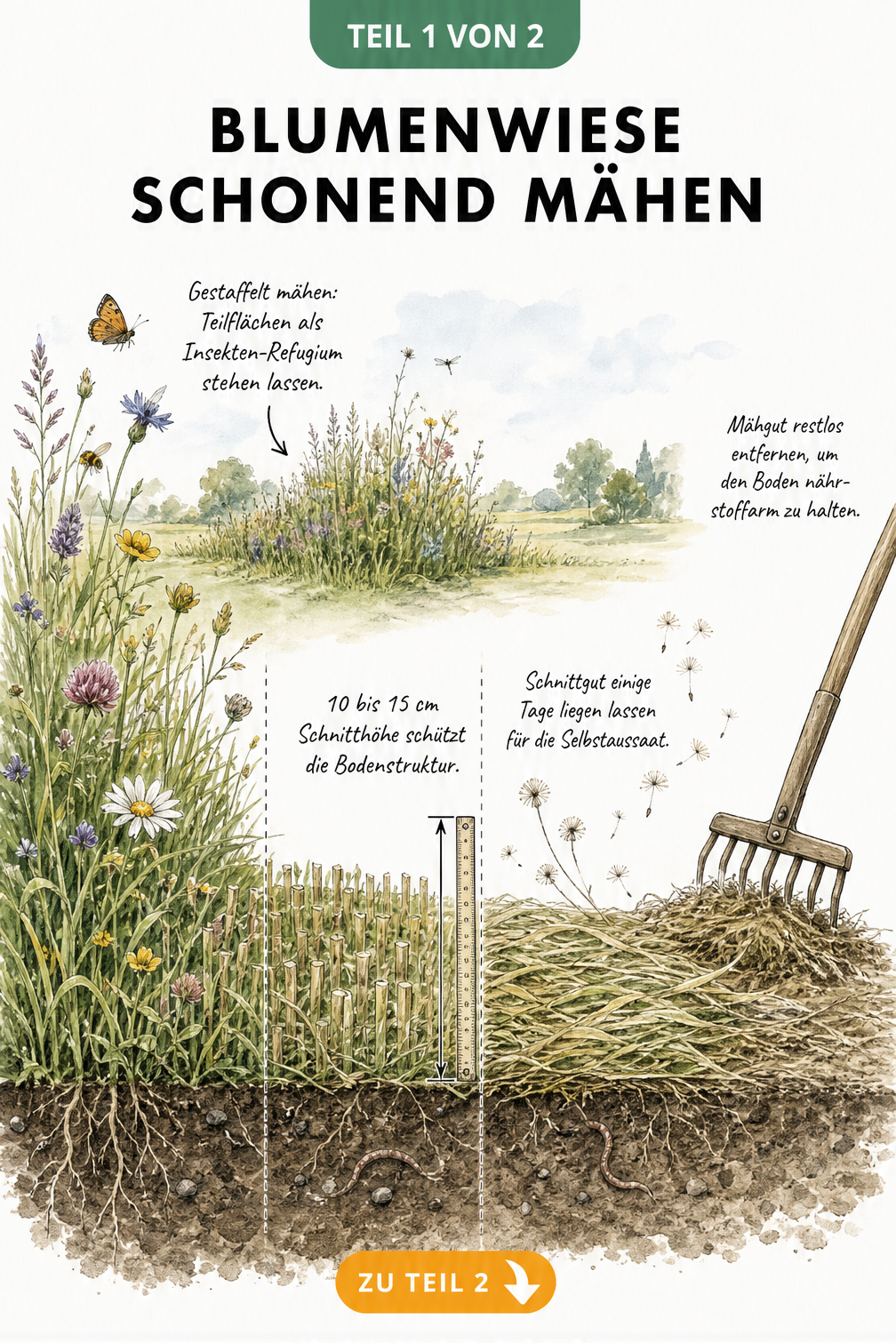 Querschnitt einer Blumenwiese, der das gestaffelte Mähen, die Schnitthöhe von 10 bis 15 cm und das Liegenlassen des Schnittguts zur Selbstaussaat zeigt.