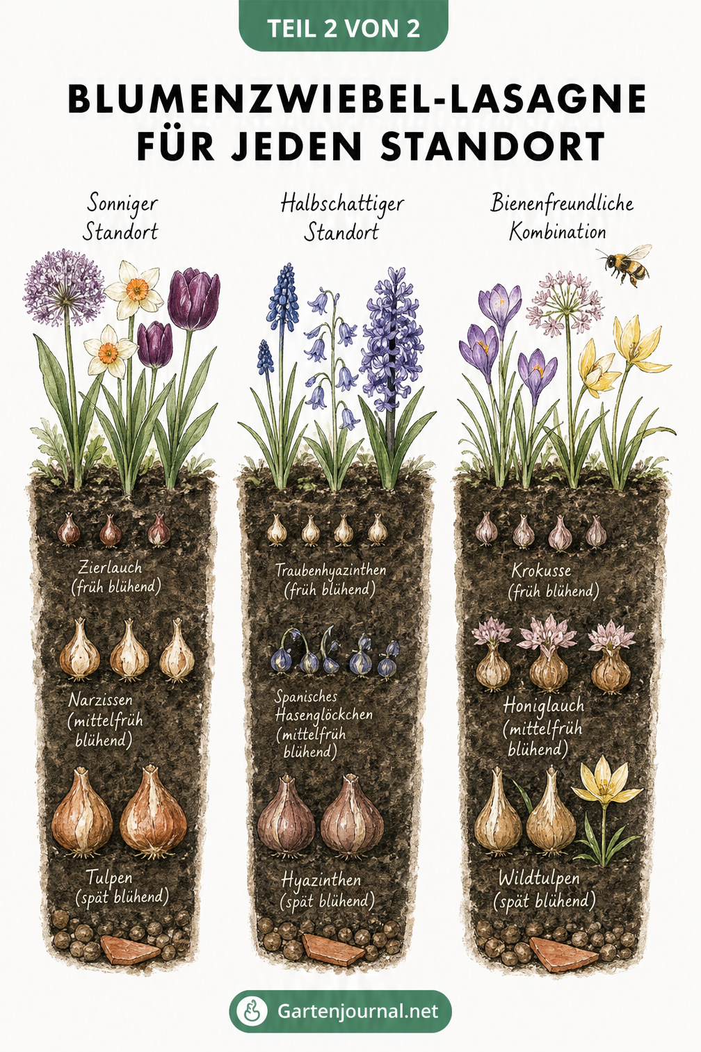 Drei Erd-Querschnitte zeigen Blumenzwiebel-Kombinationen für sonnige, halbschattige und bienenfreundliche Standorte mit den passenden Pflanzen.