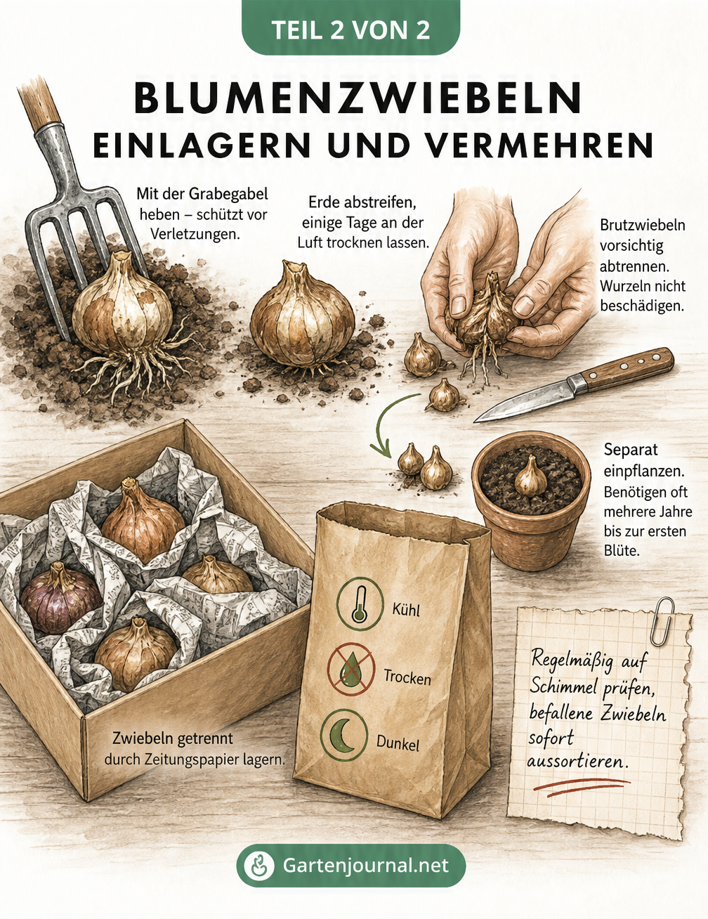 Illustration zum Ausgraben, Vermehren und Lagern von Blumenzwiebeln mit Grabegabel, Brutzwiebeln und Lagerung in Karton und Papiertüte.
