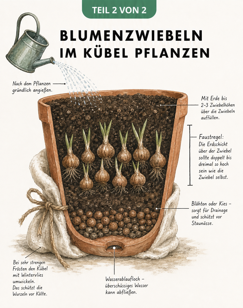 Querschnitt eines Terrakotta-Topfes mit Blumenzwiebeln, der die Schichten aus Blähton, Erde und Wintervlies als Frostschutz zeigt