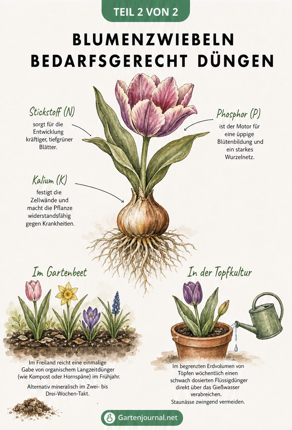 Illustration einer blühenden Blumenzwiebel mit Nährstoffbedarf und Vergleich von Beet- und Topfkultur