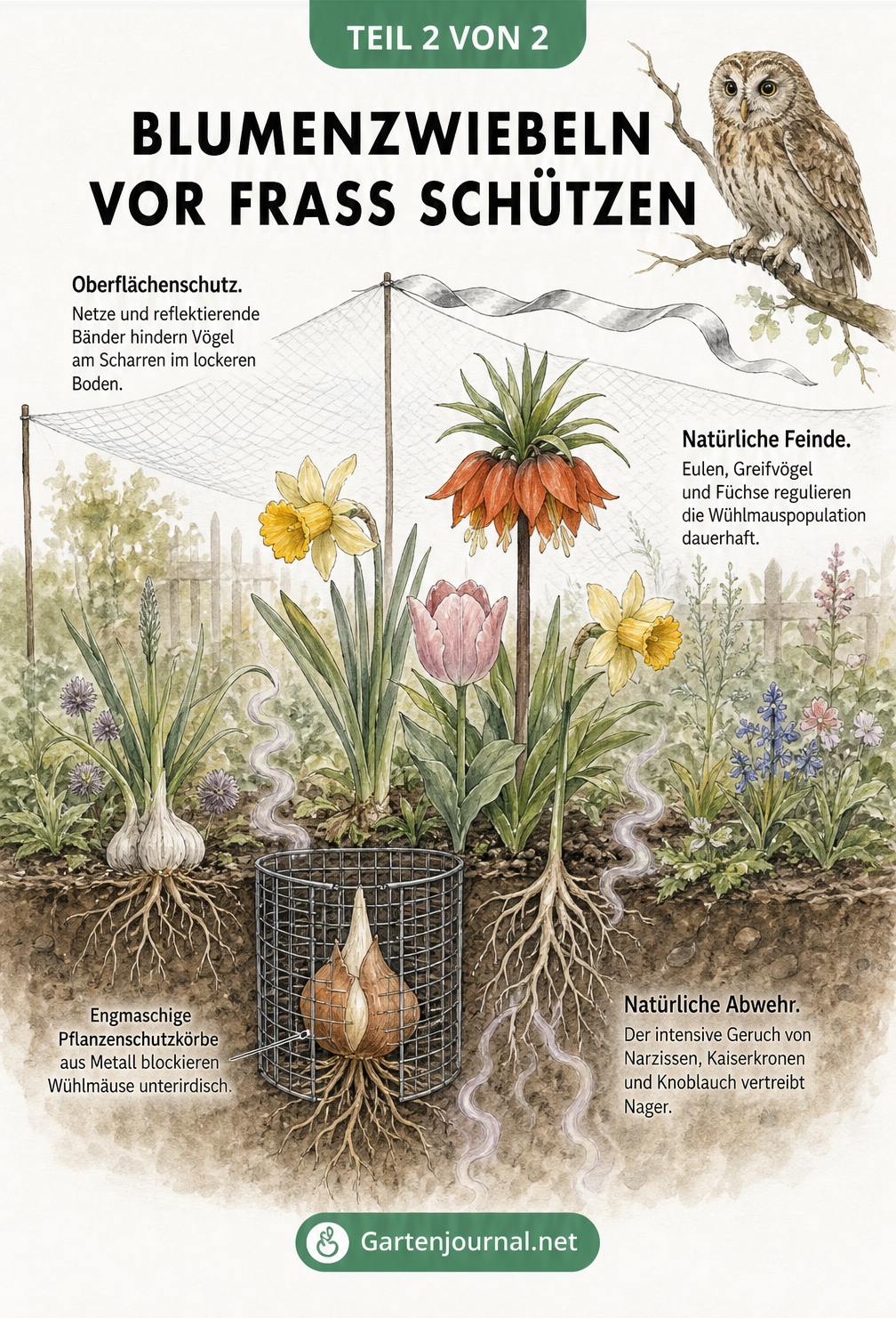 Gartenszene mit Drahtkorb für Tulpenzwiebeln, Narzissen zur Abwehr, Netz über dem Beet und einer Eule als natürlicher Feind