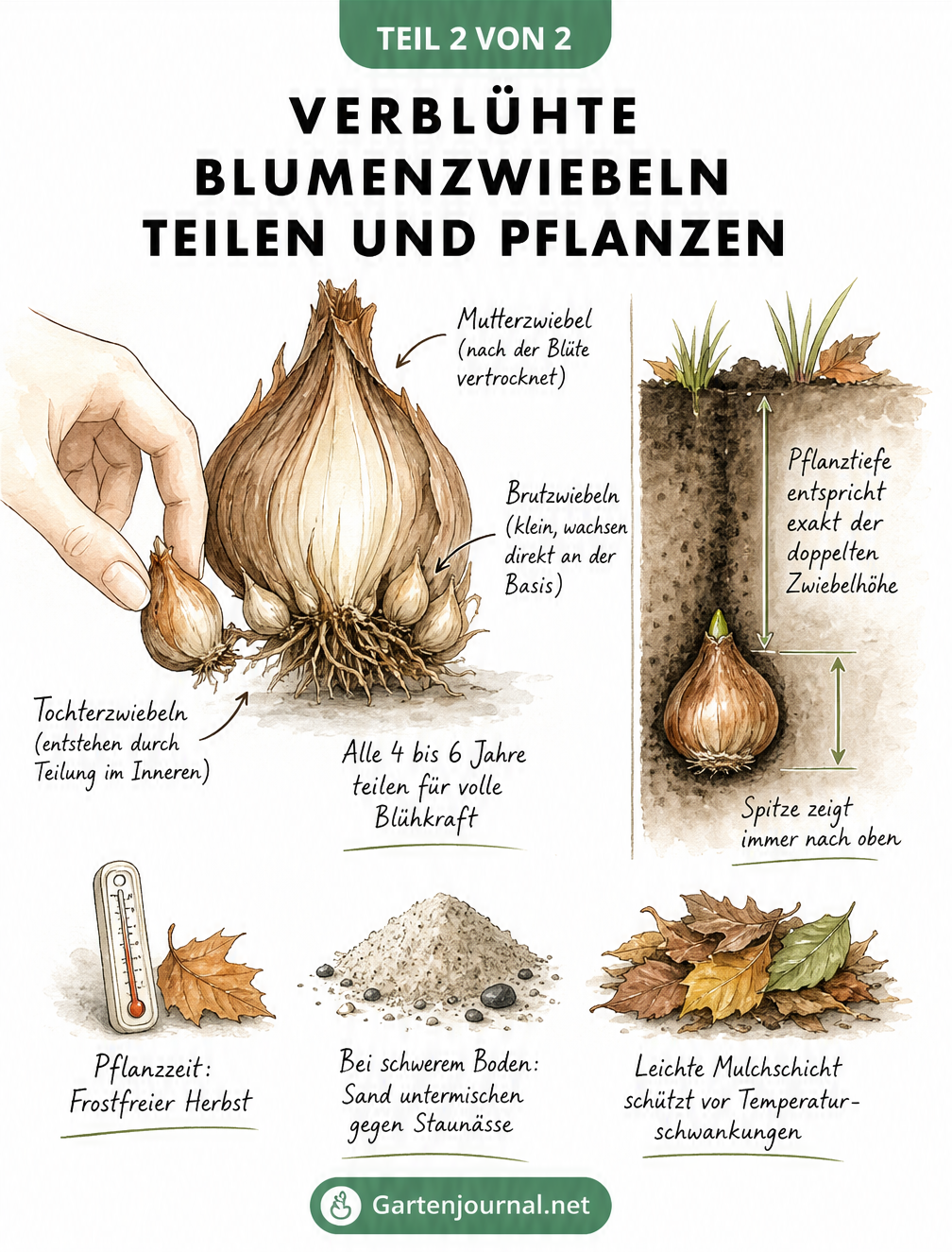Aquarell-Illustration einer aufgeschnittenen Mutterzwiebel mit kleinen Brutzwiebeln, daneben eine Zwiebel im Pflanzloch mit Maßpfeilen zur Pflanztiefe.