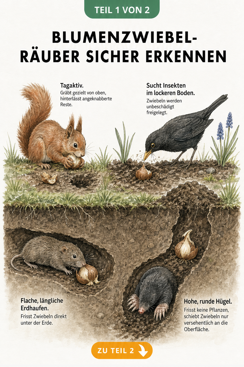 Querschnitt durch ein Gartenbeet mit Wühlmaus, Maulwurf, Eichhörnchen und Amsel, die Blumenzwiebeln fressen oder freilegen