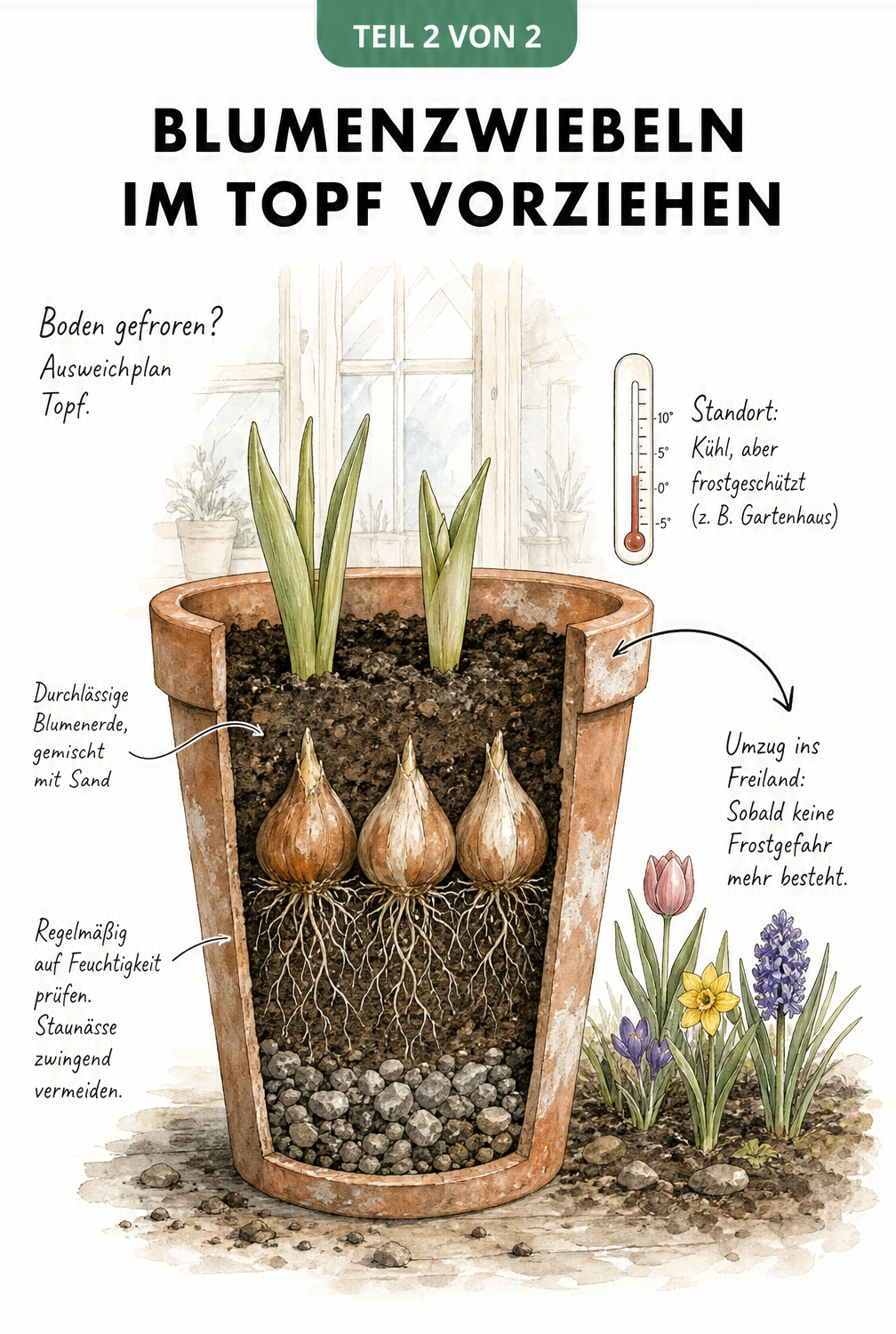 Schnittansicht eines Terrakotta-Topfes mit Blumenzwiebeln, Drainageschicht und Erde