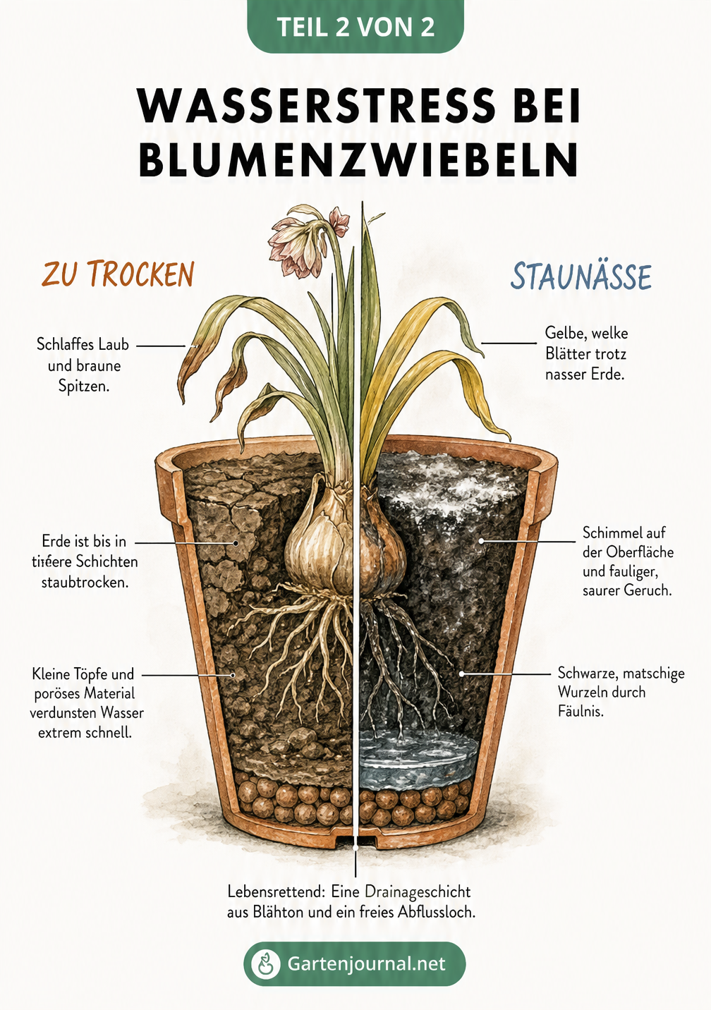 Querschnitt eines Blumentopfs, der die Auswirkungen von Trockenheit und Staunässe auf Blumenzwiebeln zeigt