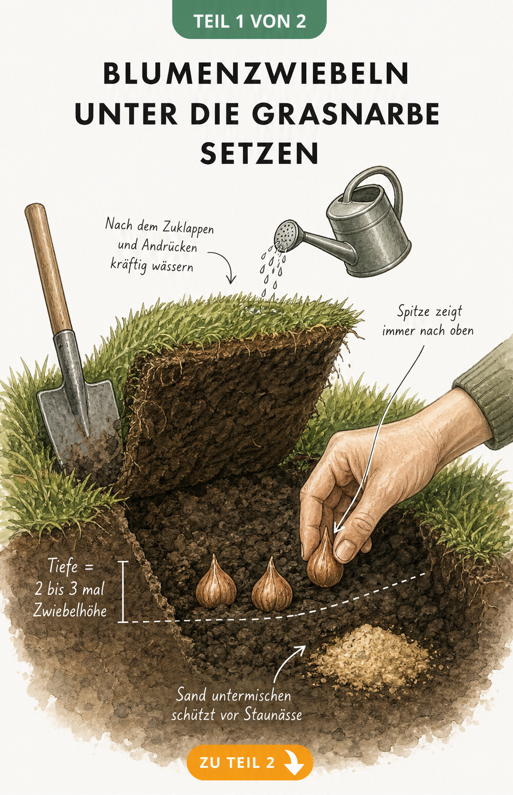 Schnittzeichnung: Blumenzwiebeln unter hochgeklappter Grasnarbe pflanzen, mit Sand und Gießkanne.