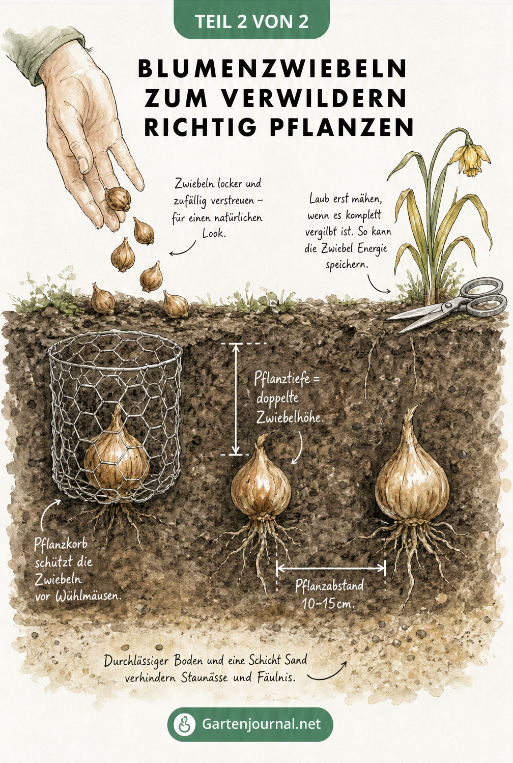 Querschnitt durch das Erdreich, der die richtige Pflanztiefe, den Pflanzabstand und den Schutz vor Wühlmäusen bei Blumenzwiebeln zeigt