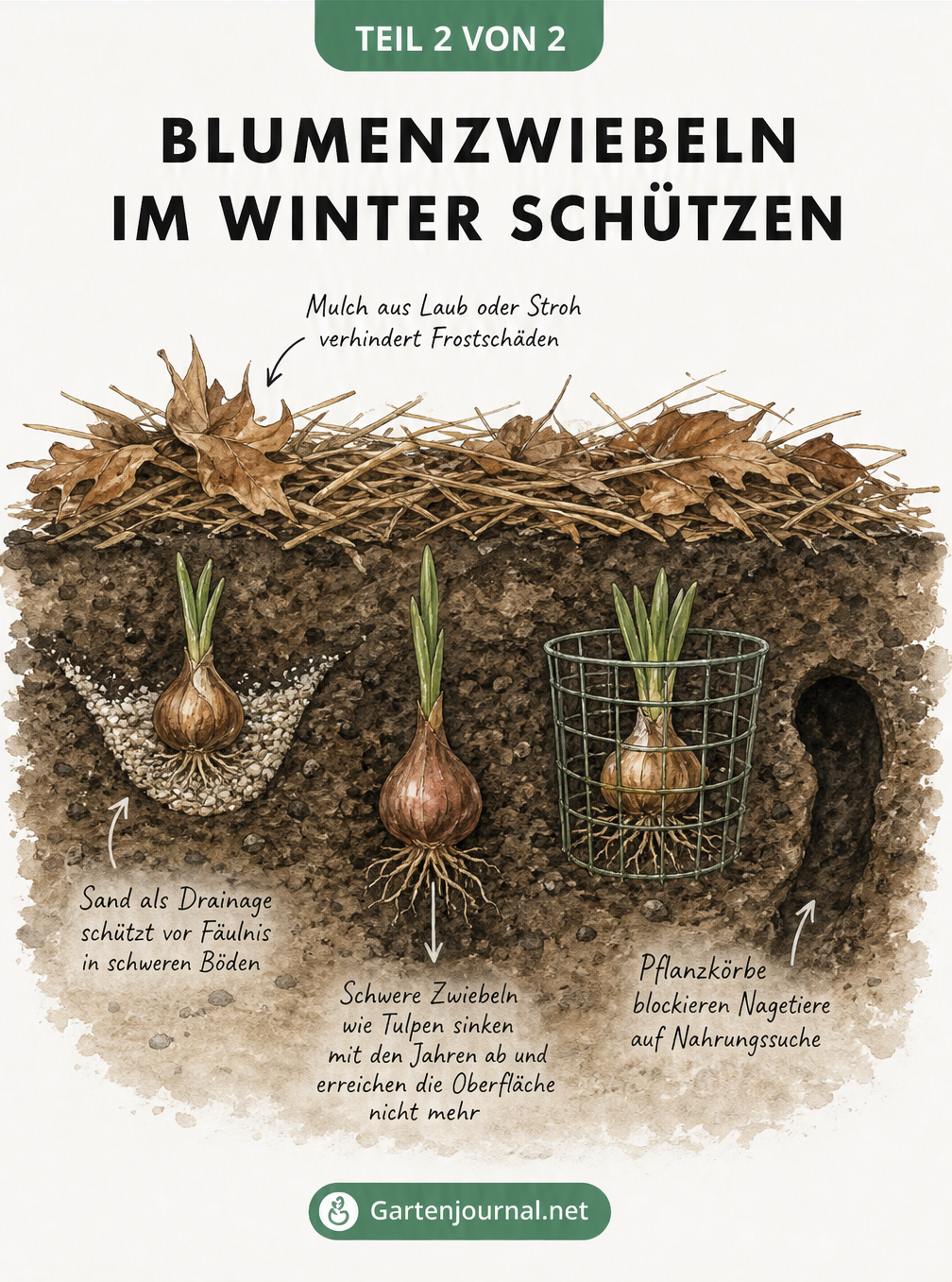 Querschnitt durch den Gartenboden mit Blumenzwiebeln, die durch Mulch, Sanddrainage und Pflanzkörbe vor Frost, Fäulnis und Wühlmäusen geschützt sind.