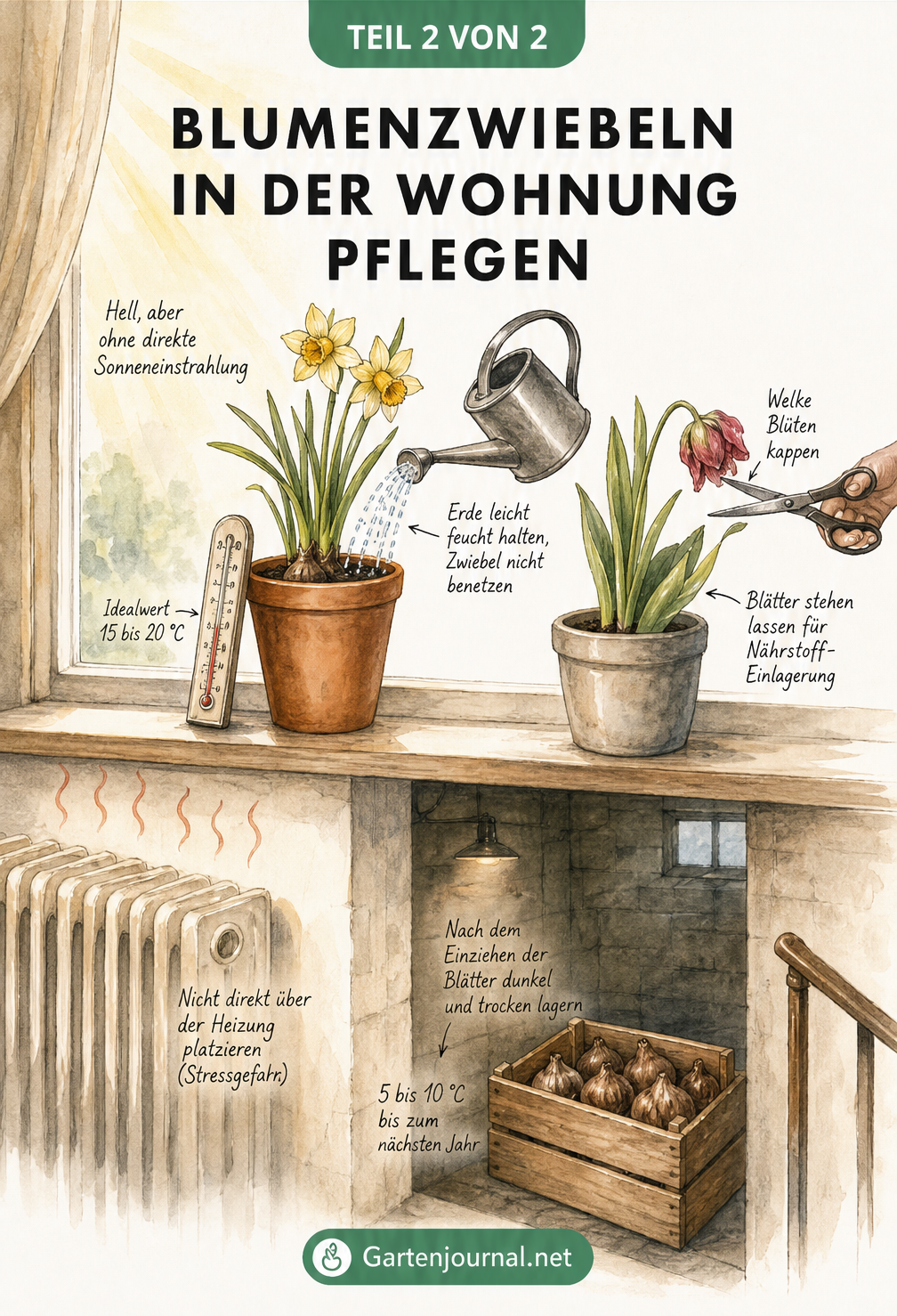 Illustration zur Pflege von Blumenzwiebeln in der Wohnung mit Hinweisen zu Standort, Temperatur, Gießen und Überwinterung