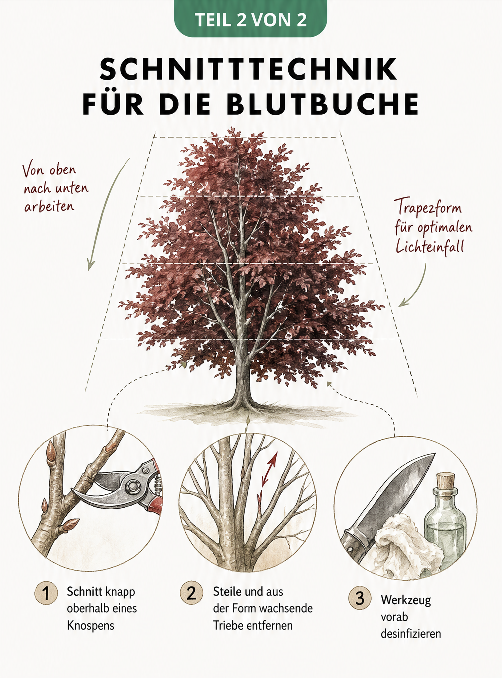 Illustration einer Blutbuche im Querschnitt mit Hilfslinien zur Trapezform und Detailzeichnungen zum richtigen Ansetzen der Astschere.