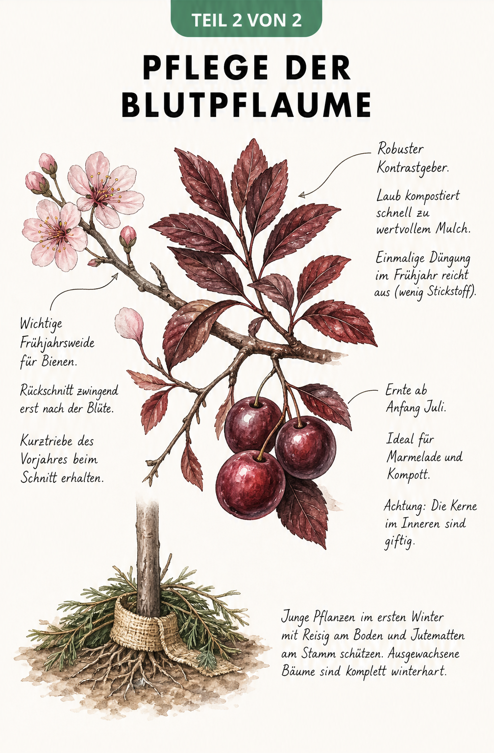 Botanische Illustration eines Blutpflaumen-Astes mit Blüten, Blättern und Früchten sowie Pflegetipps