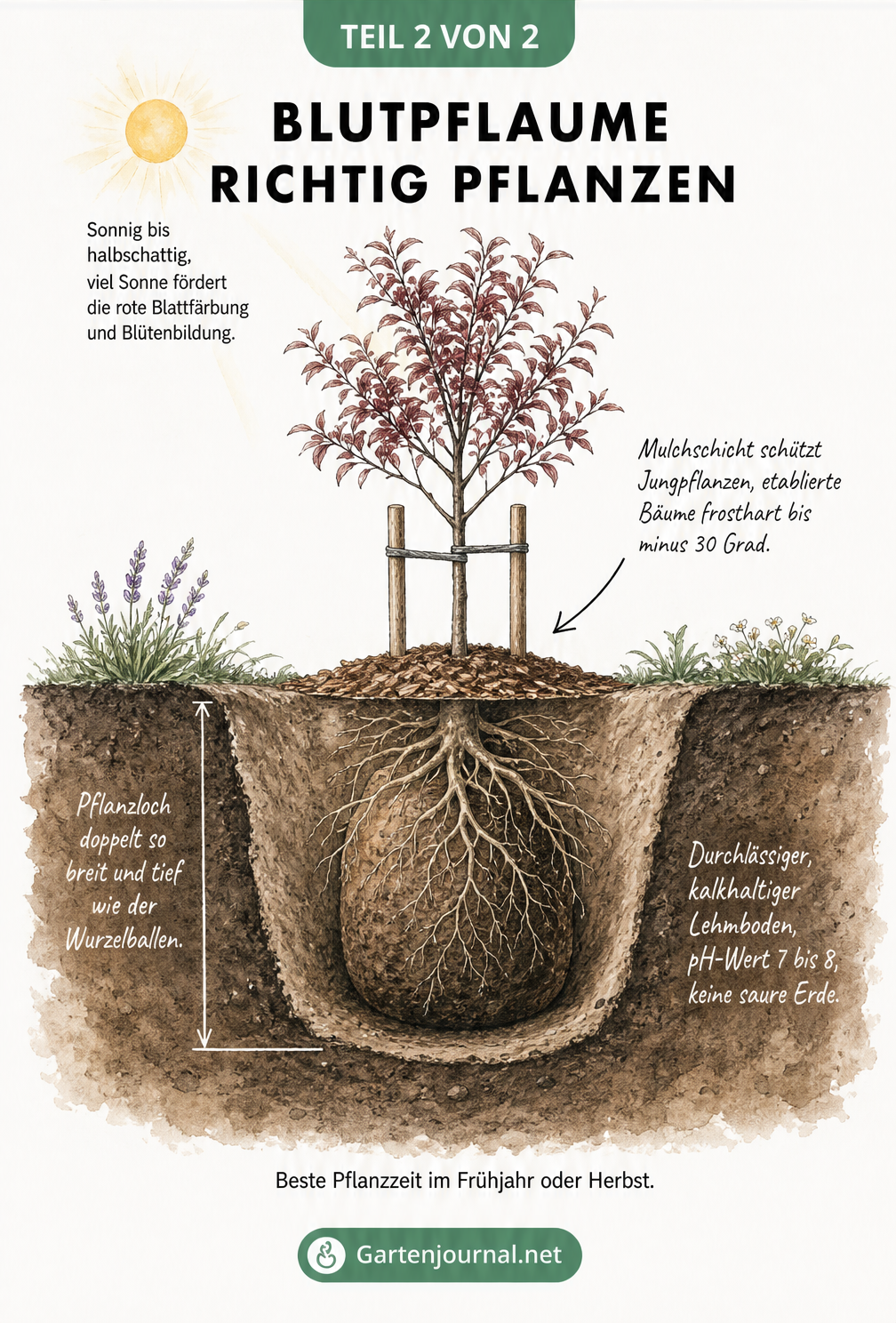 Querschnitt eines Gartenbeets mit einer frisch gepflanzten Blutpflaume und Wurzelballen